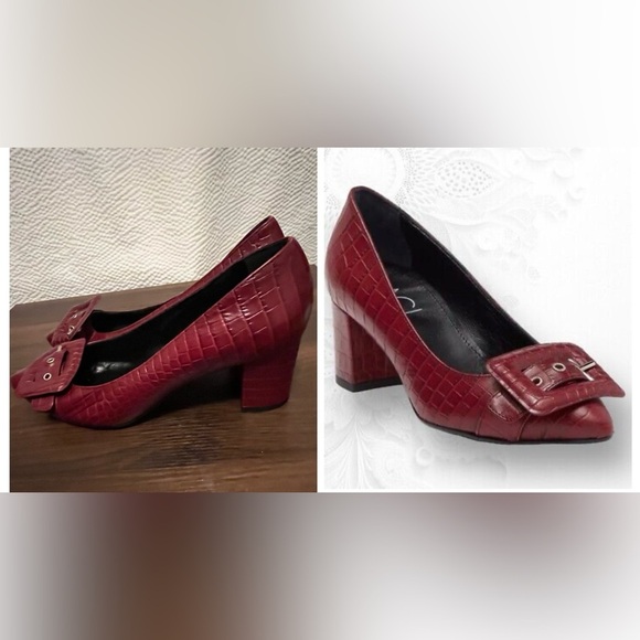 AGL Scarlet Crocodile Print Leather Block Heel Buckle Pumps - Picture 1 of 9